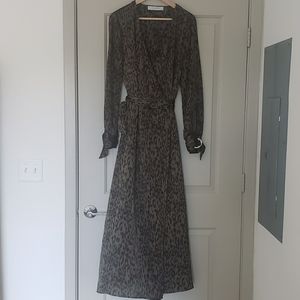 Olive leopard print maxi wrap dress w/ long sleeve